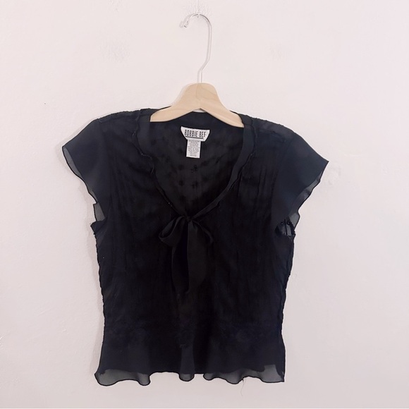 Vintage Robbie Bee Ascot Tie Chic Black Sheer Top Short Sleeve - Picture 4 of 4